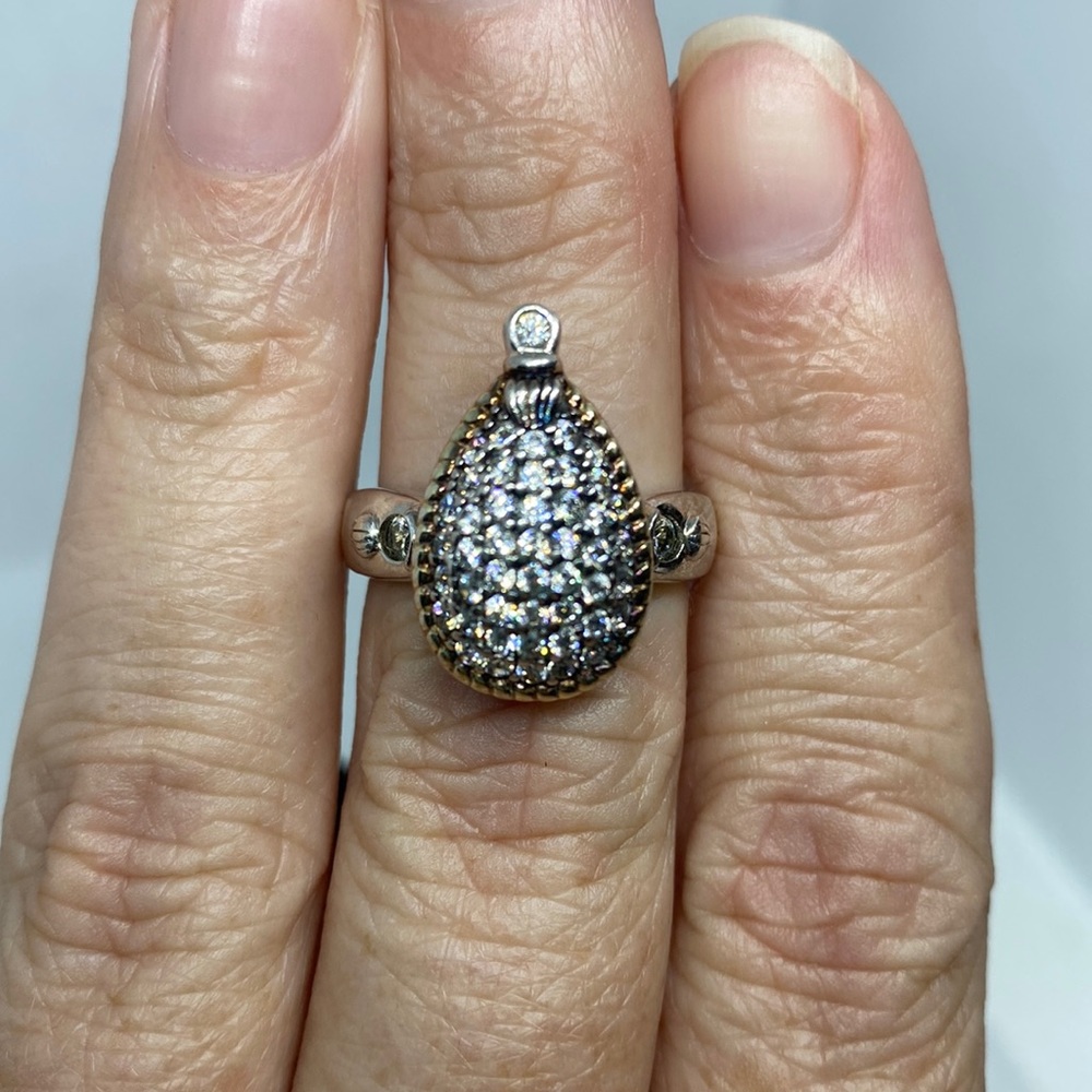 Diamonqiue Sterling Pave' Two Tone Pear Shaped Ring, Size 7